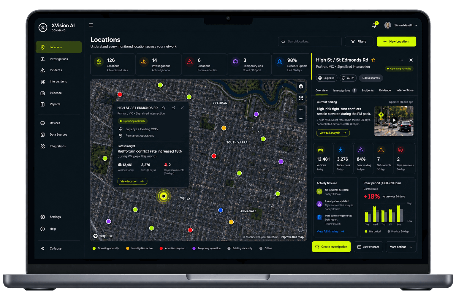 Xvision location workspace connecting the concern, evidence, actions, investigations and reports for a road location